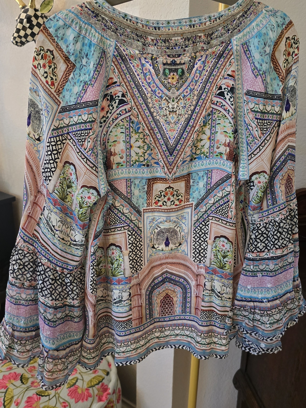 Camilla Silk Embellished Print V-Neck Blouse with Beaded Tassels - Picture 7 of 13